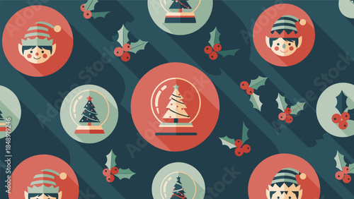 A festive and seamless Christmas pattern featuring cute elves, snow globes with trees, and holly berries in a flat design with long shadows.