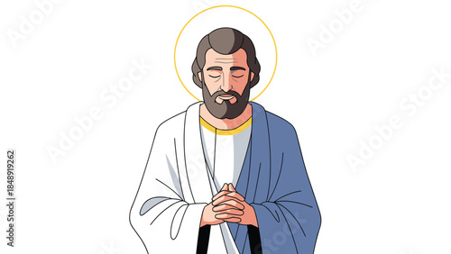 A serene cartoon illustration of Saint Joseph with a halo, eyes closed in prayer, and hands clasped, isolated on a plain white background.