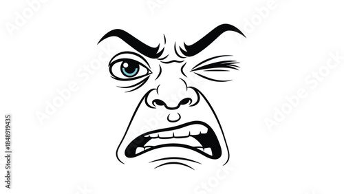 A black and white cartoon drawing of a face with an exaggerated, angry expression, featuring furrowed brows, a winking eye, and a snarling mouth.