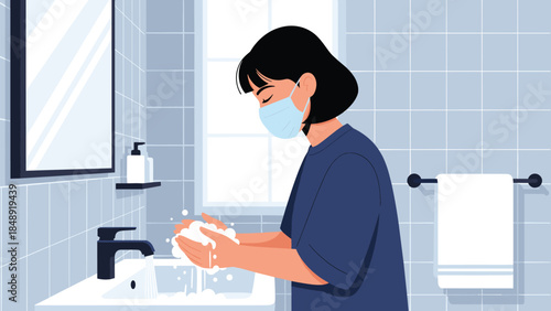 A vector illustration of a woman wearing a face mask washing her hands with soap and water at a sink in a tiled bathroom to prevent illness.