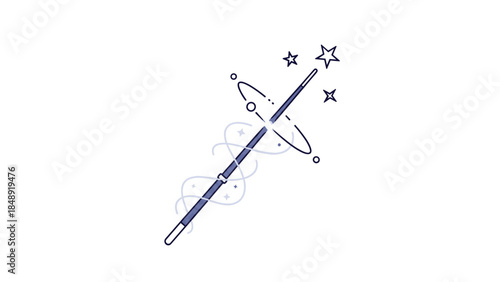 A simple and elegant line art icon of a magic wand with swirling trails and sparkling stars, representing magic, fantasy, and illusion.