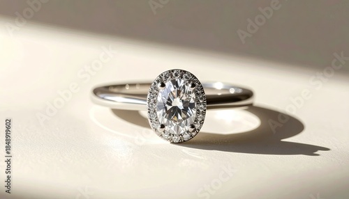 A diamond ring with a halo setting on a light surface