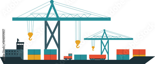 Container, port, illustration, cargo, ship, cranes, logistics, shipping, harbor, freight, transportation, trade, export, import, maritime, industry, vector, design, modern, infrastructure