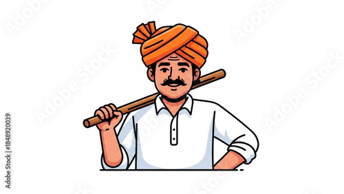 Indian Farmer: An illustration of a determined Indian farmer with a turban confidently looking towards the future, holding a farming tool over his shoulder.