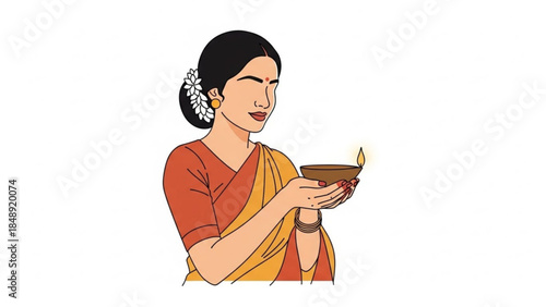 Divine Radiance: A woman dressed in traditional attire tenderly holds an earthen lamp, illuminating the scene with its warm glow and symbolizing the light of faith and cultural richness.