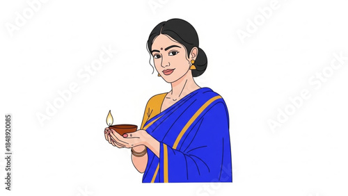 Diya Lighted: A woman tenderly holds a diya, a small oil lamp with a flickering flame, symbolizing light, knowledge, and triumph over darkness. The woman radiates warmth.