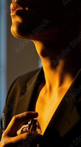 A person applying luxury fragrance in a dimly lit environment with dramatic lighting