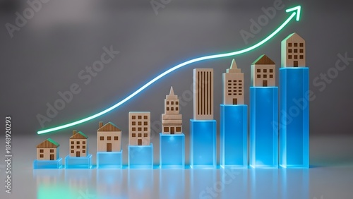 Growing real estate market with rising graph and city skyline