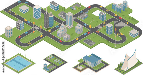Isometric, city, map, illustration, urban, streets, buildings, roads, traffic, infrastructure, modern, town, architecture, transport, planning, vector, design, smart, cityscape, layout