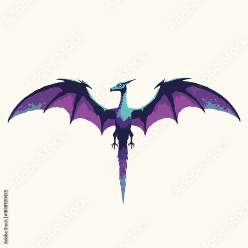A Quetzalcoatlus (Pterosaur). Retro sci-fi vector. Large wingspan. Flat purple and teal colors. White background