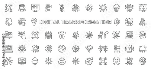 Digital transformation icons in line design. digital transformation, innovation, technology, business, automation, cloud on white background vector. Digital transformation editable stroke icons