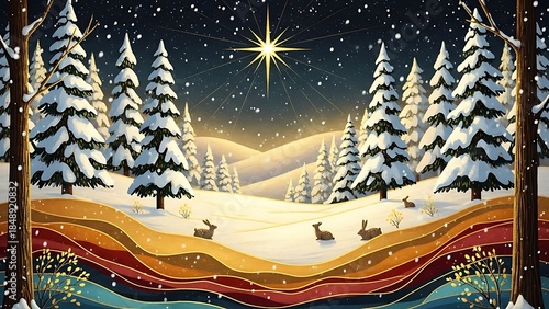 Winter wonderland scene with snowy pine trees, golden star, rabbits and colorful waves under falling snow for Christmas holiday greeting card or festive seasonal artwork