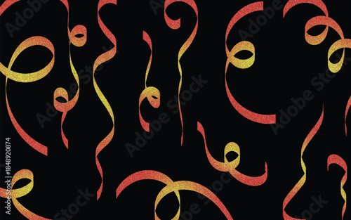 Abstract red and gold glitter ribbons on black background,
Sparkling curved ribbon lines with red and gold glitter texture,
Decorative abstract glitter swirl ribbons on dark background

