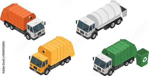 Isometric, garbage, trucks, waste, management, vehicles, recycling, collection, sanitation, transport, municipal, service, industrial, equipment, logistics, , environment, cleanup, design