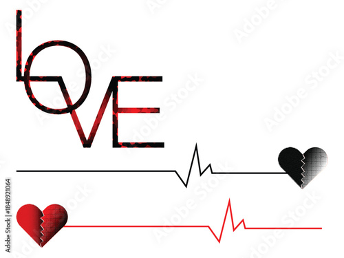 love typography with heartbeat and broken heart, heartbeat line with cracked heart love concept, broken heart and love text illustration