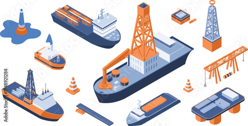 Isometric, offshore, oil, gas, industry, illustration, drilling, rigs, platforms, tankers, ships, energy, production, maritime, equipment, vector, industrial, infrastructure, engineering, design