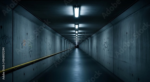 Dark concrete underpass with yellow handrail and overhead lights tunnel hallway