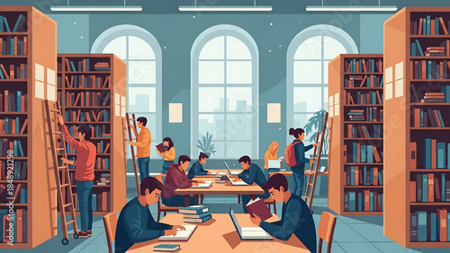 Students in School Library Flat Design Illustration