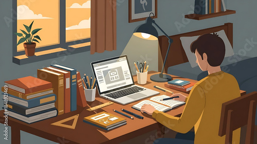 Student Preparing School Supplies at Home Flat Illustration