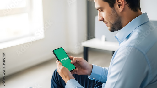 Man approves document on smartphone in office