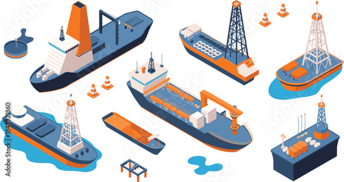 Isometric, offshore, oil, gas, industry, illustration, drilling, rigs, platforms, tankers, ships, energy, production, maritime, equipment, vector, industrial, infrastructure, engineering, design