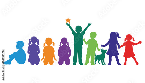 Diverse group of people and a dog in colorful silhouettes celebrating together