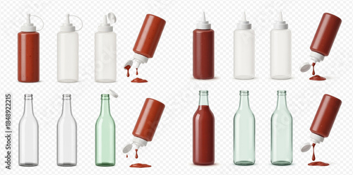 Set of realistic ketchup and sauce bottles, empty and full, with dripping sauce on transparent background.