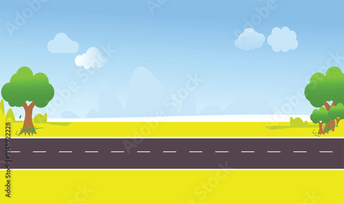 Childish cartoon road landscape with green trees blue sky white clouds and distant mountains