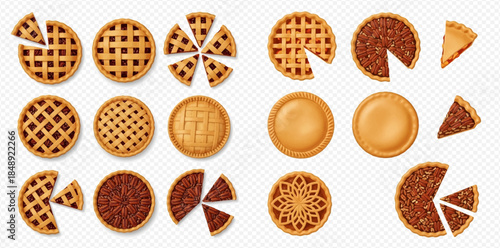 Set of various sweet pies with whole and sliced pieces, top view of delicious baked desserts.