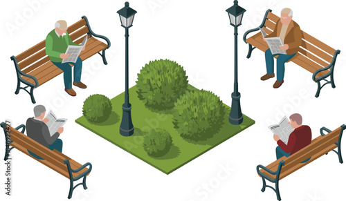 Isometric, park, illustration, elderly, people, reading, newspapers, benches, garden, lamps, relaxation, outdoor, leisure, retirement, lifestyle, city, green, space, vector, design