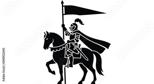 Medieval Knight on Horseback with Flag and Sword Silhouette