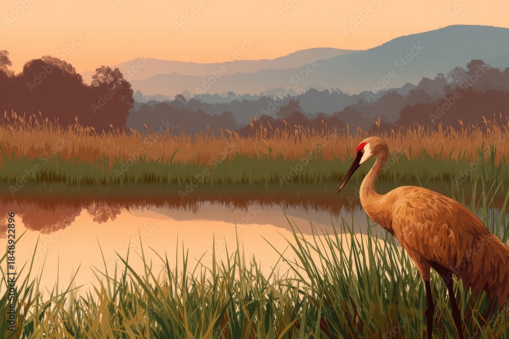 Fototapeta premium Sunset Crane at the Pond: A majestic crane stands gracefully amidst tall grass, overlooking a serene pond reflecting the warm hues of the setting sun, with rolling hills in the distance.