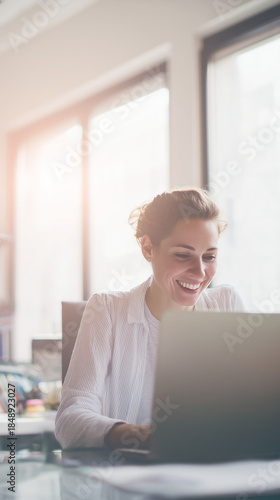 Joyful female entrepreneur receiving positive news on laptop by a window Free Download Joyful female entrepreneur receiving positive news on laptop by a window - GFXLoad
