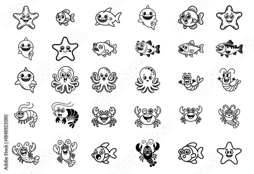 Sea animals. Ocean underwater aqua life. Marine wild animal. Childish tropical colorful fish, coral, algae and exotic elements. Funny whale, starfish, crab, shark, octopus, shrimp. lobster 

