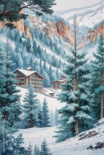 Cozy Ski Lodge Watercolor Illustration