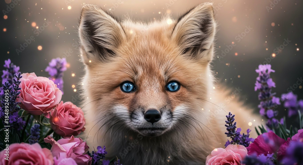 Fototapeta premium Charming fox with blue eyes among flowers.