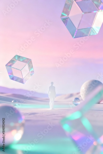 Surreal Sci-Fi Landscape – Floating Geometric Structures in Pastel Sky (Dreamy Cinematic Art)