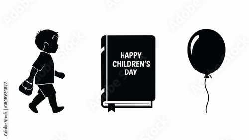 Joyful Childhood Celebration Elements A Stylized Silhouette of a Young Boy, a 'Happy Children's Day' Book, and a Playful Balloon Icon