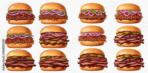 Delicious Collection of Pulled Pork and Roast Beef Sandwiches on Buns with Various Toppings.