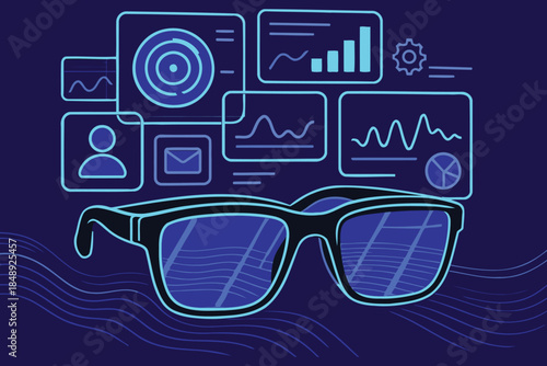 Vision glasses showing data and analytics, augmented reality and information