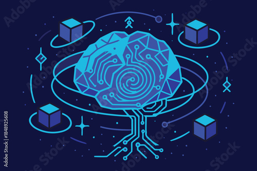 Digital brain as a tree with orbiting cubes, concept of knowledge and growth