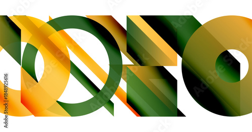 Abstract geometric shapes overlap, creating vibrant color gradients. Orange, green hues dominate composition. Modern design.