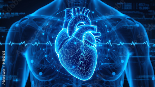 Digital Human Heart Anatomy with ECG Pulse – Advanced Cardiology and Medical Technology Concept,hospital presentations, healthcare websites, biotechnology, AI medical concepts,  scientific publication