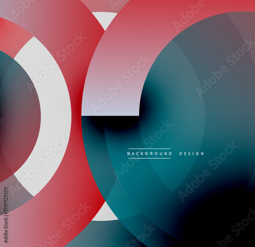 Abstract composition. Overlapping circles, rectangles create dynamic visual effect. Red, teal, white hues dominate design. Modern aesthetic.