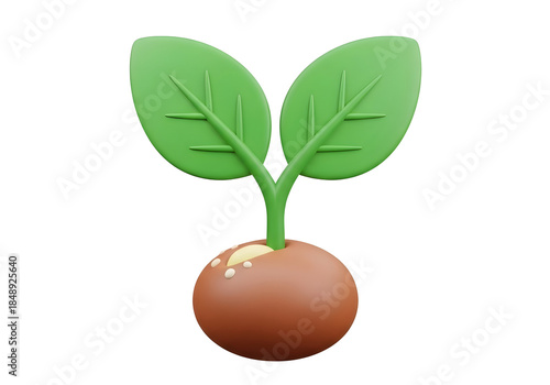 Stylized 3d icon of a seedling growing from a seed isolated on transparent background