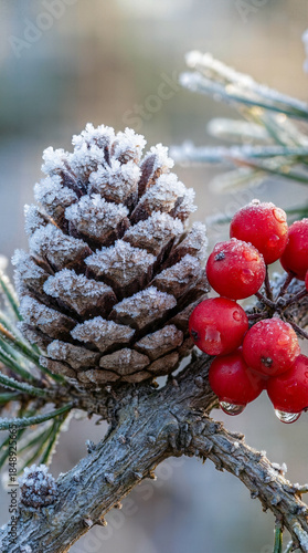 Macro close-up detail of frozen pine cone and red berries with water droplets, winter nature background.