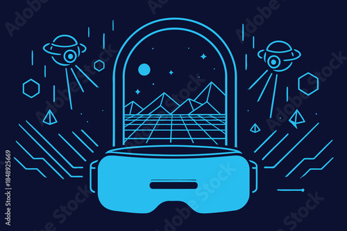 VR headset with futuristic landscape, exploring virtual worlds and digital reality
