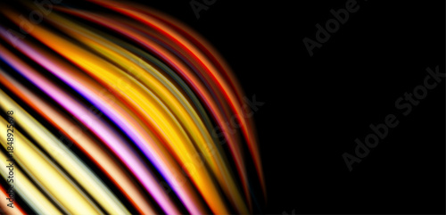 Abstract colorful lines curve, creating dynamic visual effect. Dark background emphasizes bright spectrum, modern design element.
