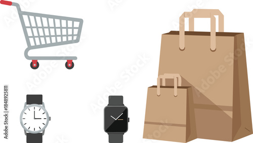 Online shopping concept illustration with shopping cart paper bags wrist watches and retail purchase elements in modern flat vector design