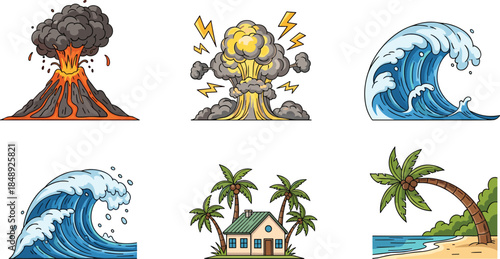 Natural disaster vector icons set showing volcano eruption explosion tsunami waves tropical island house and palm tree scenes